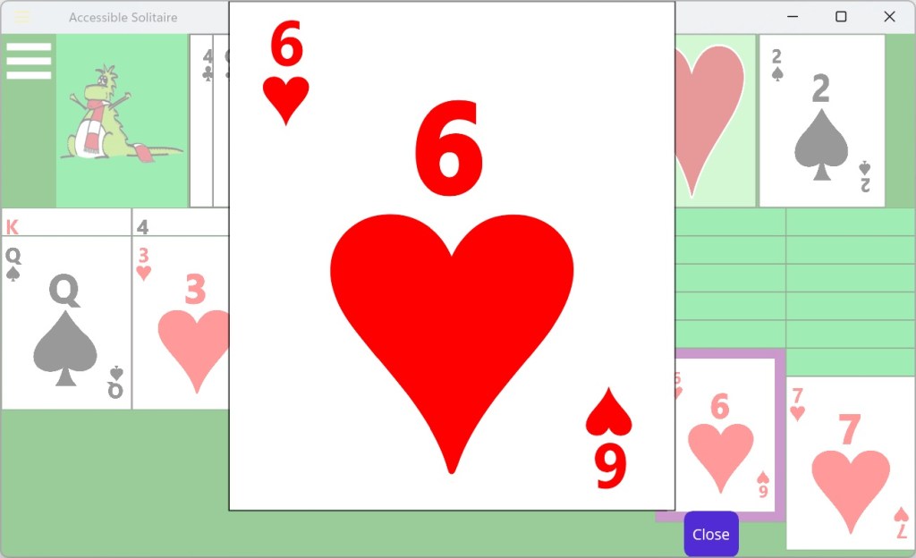 A solitaire game running on Windows with a popup window showing a large version of the 6 of hearts.
