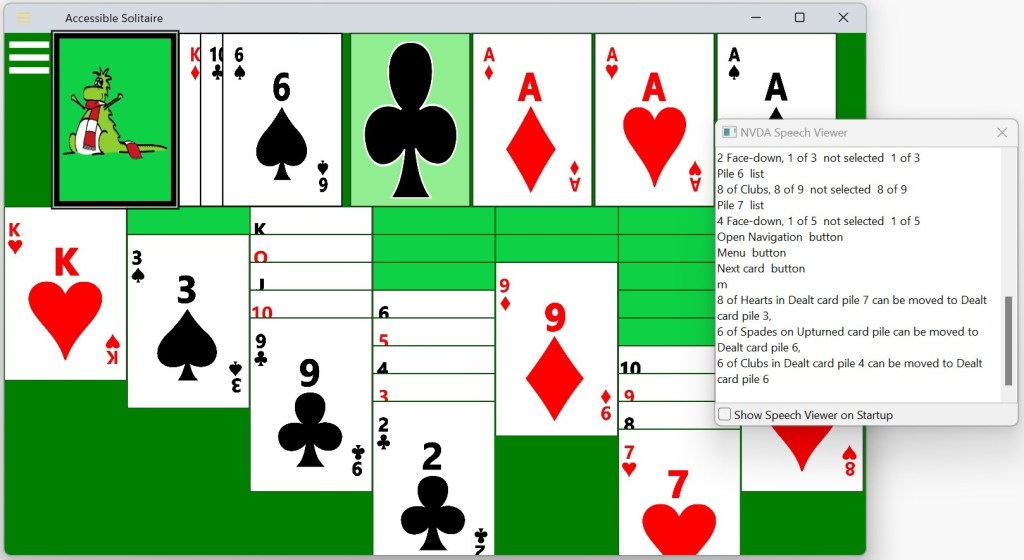 A solitaire game running on Windows with the NVDA screen reader's Speech Viewer showing available moves in the game.