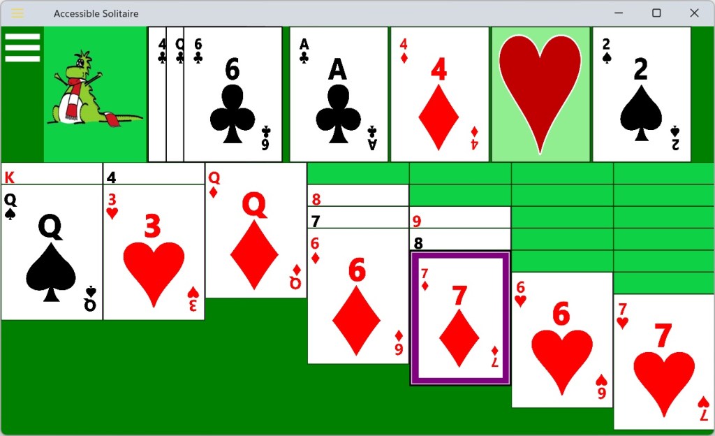 A solitaire game running on Windows with keyboard focus around the 7 of Diamonds in the fifth Dealt Card Pile.
